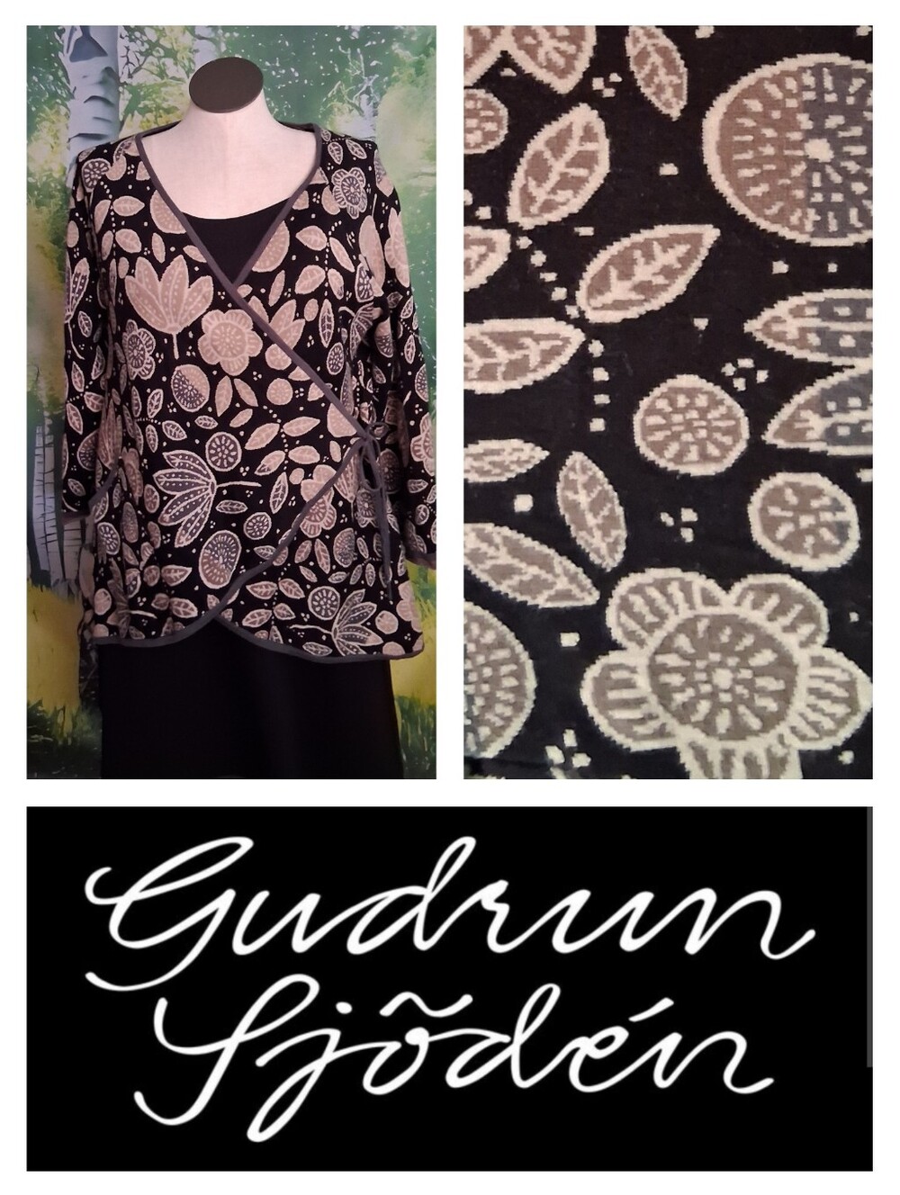 Gudrun Sjoden Black and Beige Floral Long Sleeve Wrap Cardigan Sweater